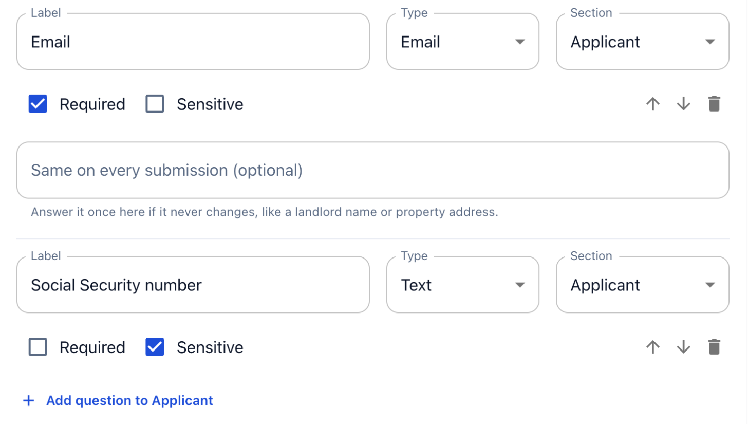 An Email question and a Social Security number question marked Sensitive