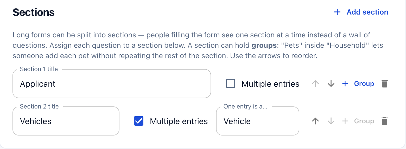 Two sections in the builder, Vehicles set to multiple entries