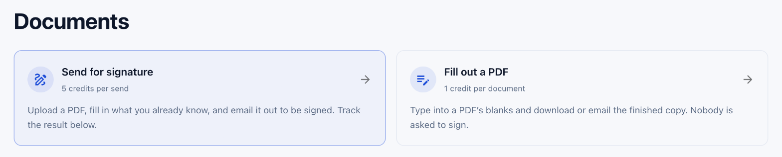 The two starting points on the Documents page