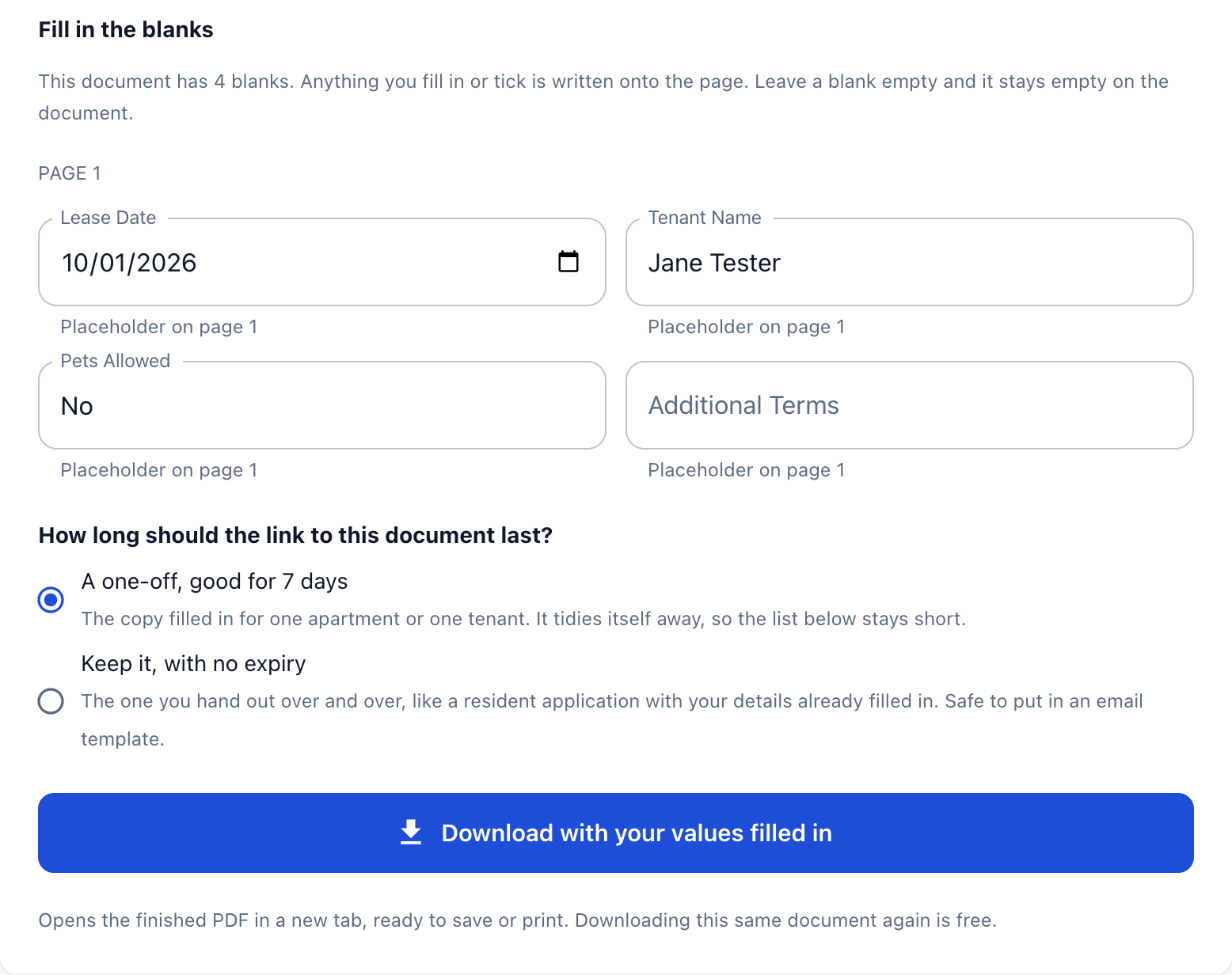 The blanks, the link choice and the Download button on Fill out a PDF