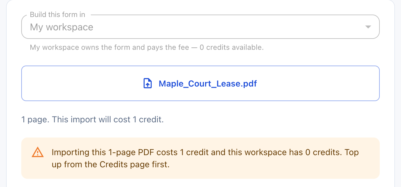 The import page quoting a one-page PDF against an empty balance
