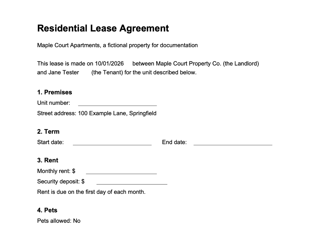 The previewed lease with the date, tenant name and pets answer written in